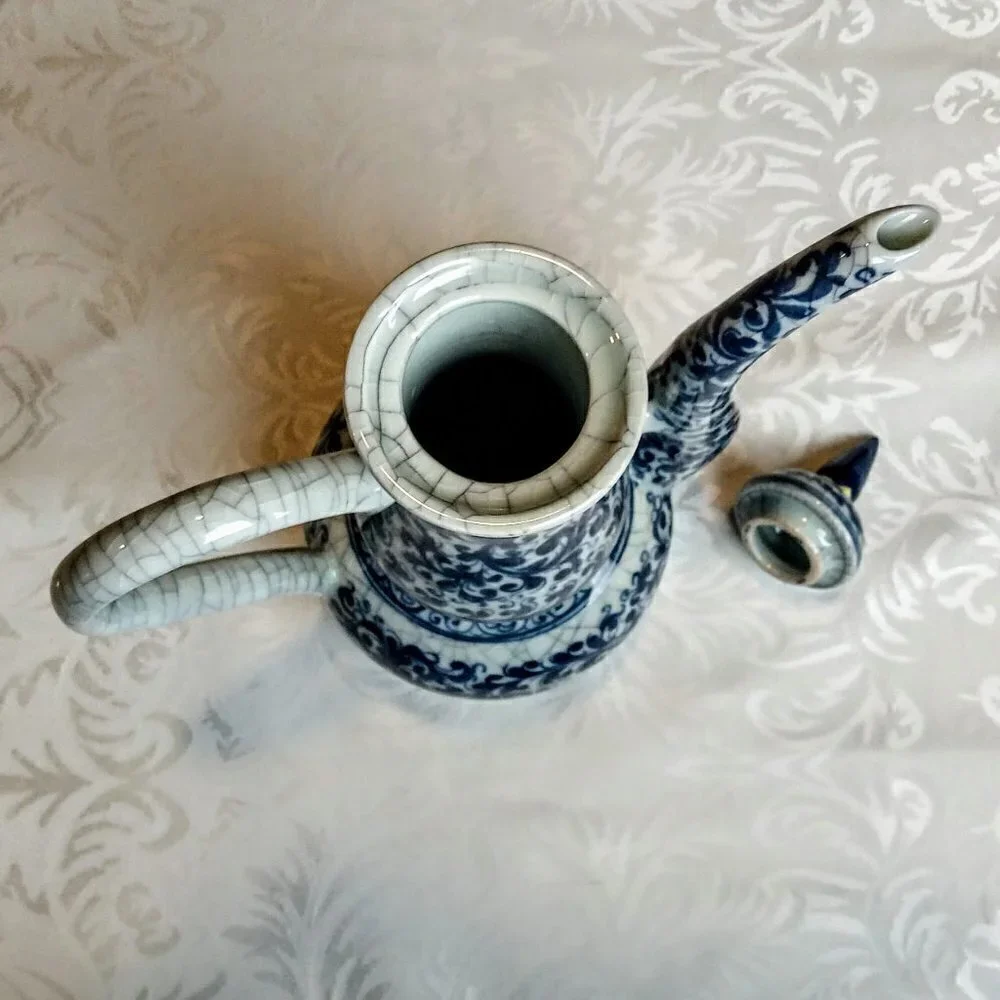 Thai Blue Grey Swirl Print Ewer Lidded Pitcher